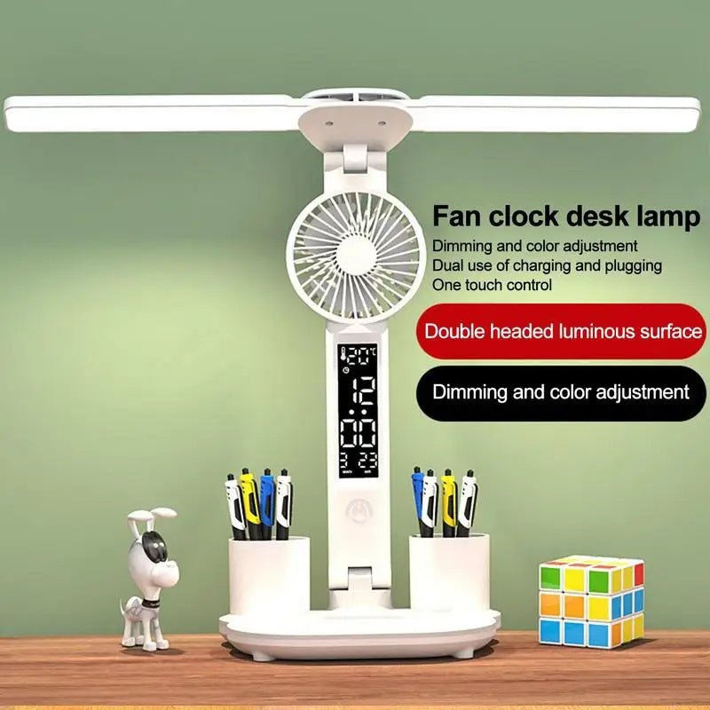 Foldable LED Table Light With Thermometer Calendar Fan Pen Holder Study Reading Fan Light