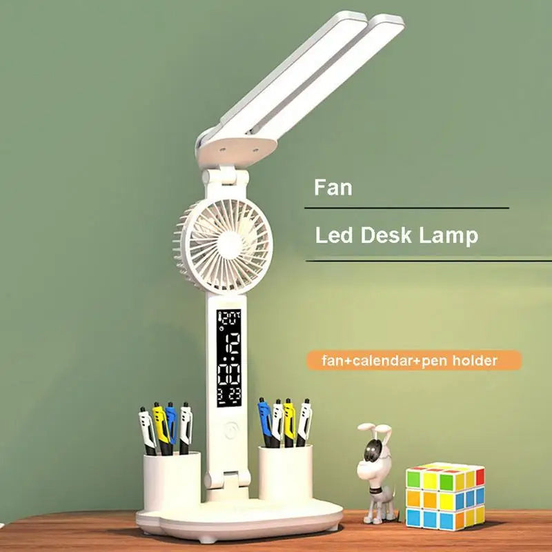 Foldable LED Table Light With Thermometer Calendar Fan Pen Holder Study Reading Fan Light