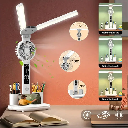 Foldable LED Table Light With Thermometer Calendar Fan Pen Holder Study Reading Fan Light