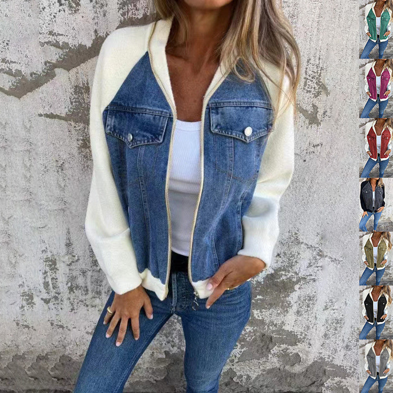 Fashion Denim Patchwork Jacket Casual Hooded Zipper Jacket Women's Clothing