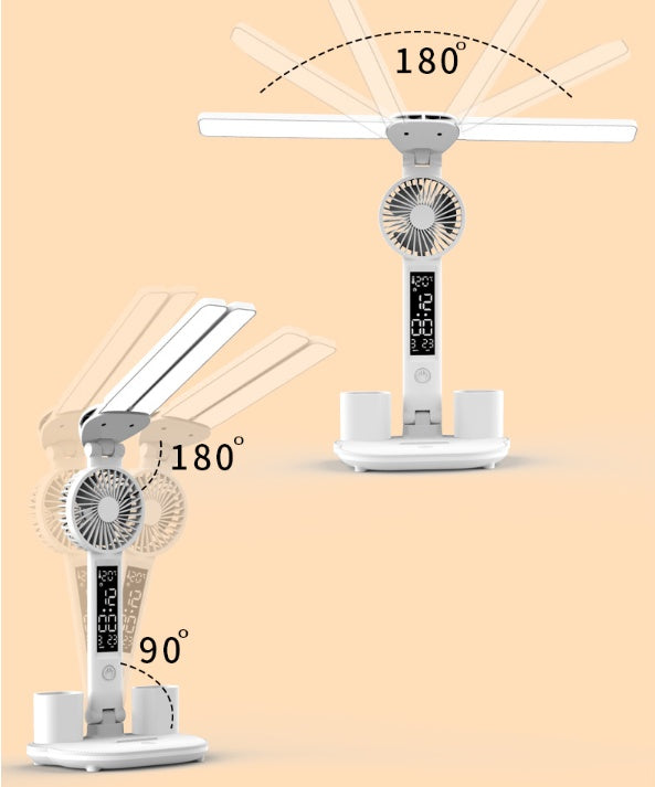 Foldable LED Table Light With Thermometer Calendar Fan Pen Holder Study Reading Fan Light