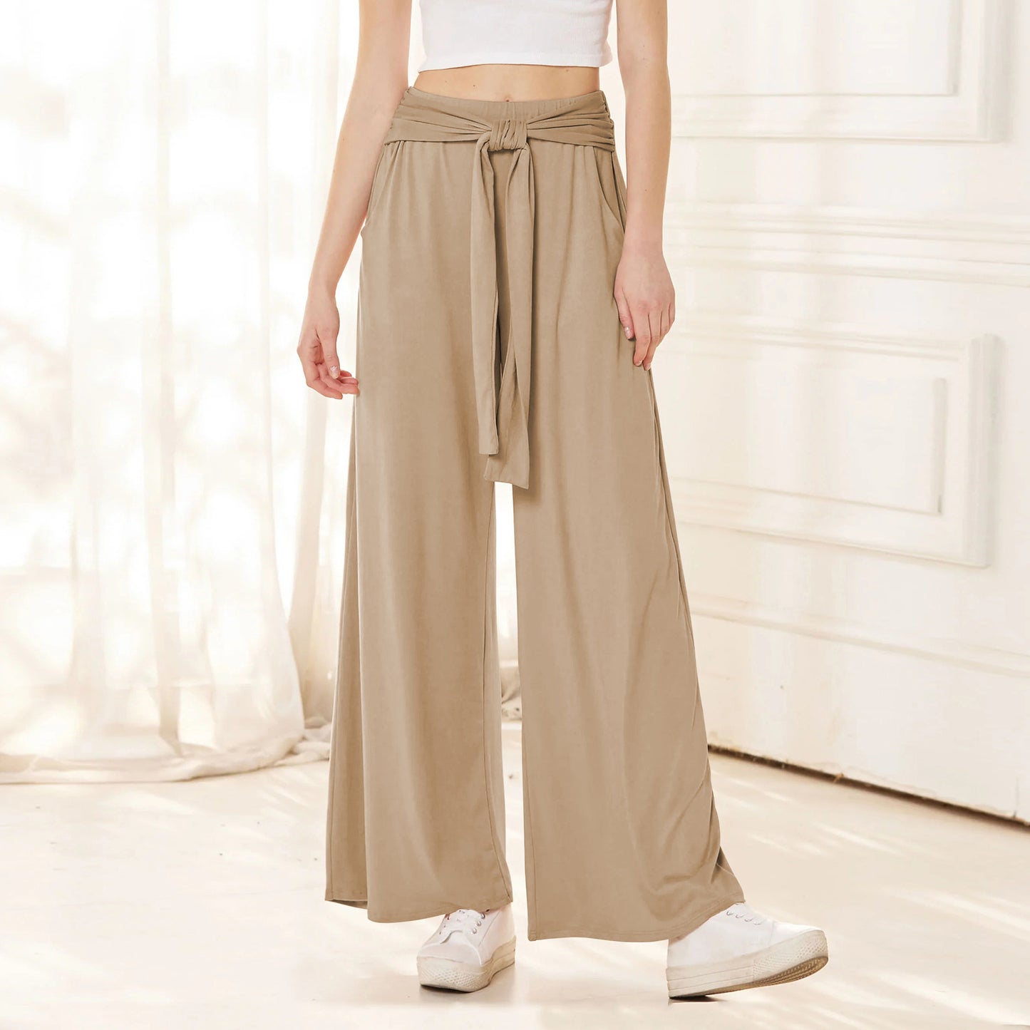 Women's Solid Color Draping Lace-up Wide-leg Pants