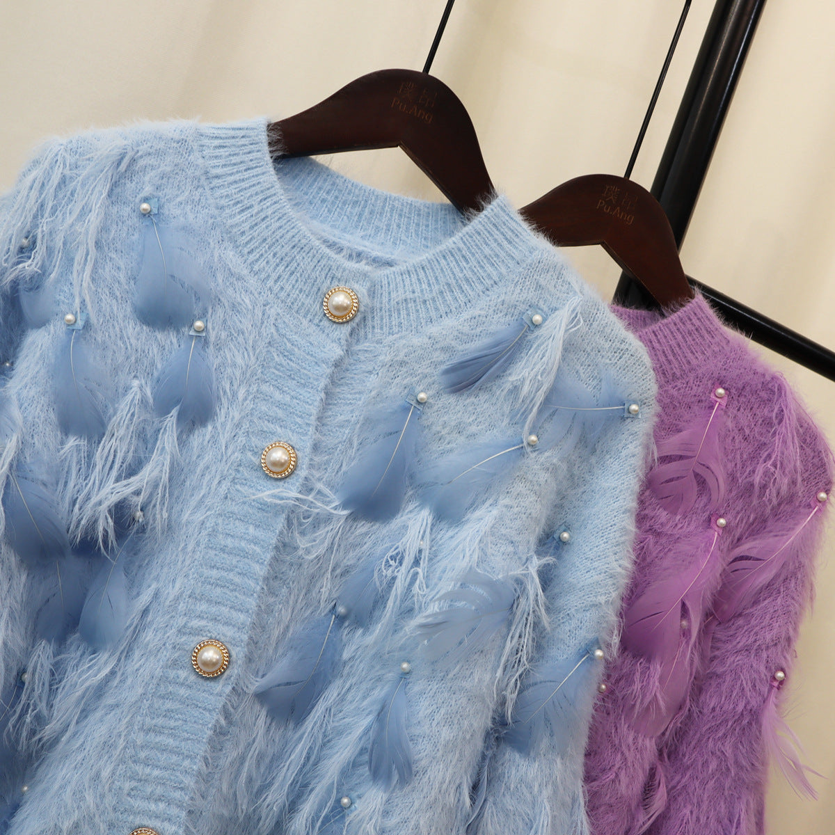 Artificial Mink Fur Gentle Design Feather Beaded Tassel Knitted Cardigan Sweater Coat