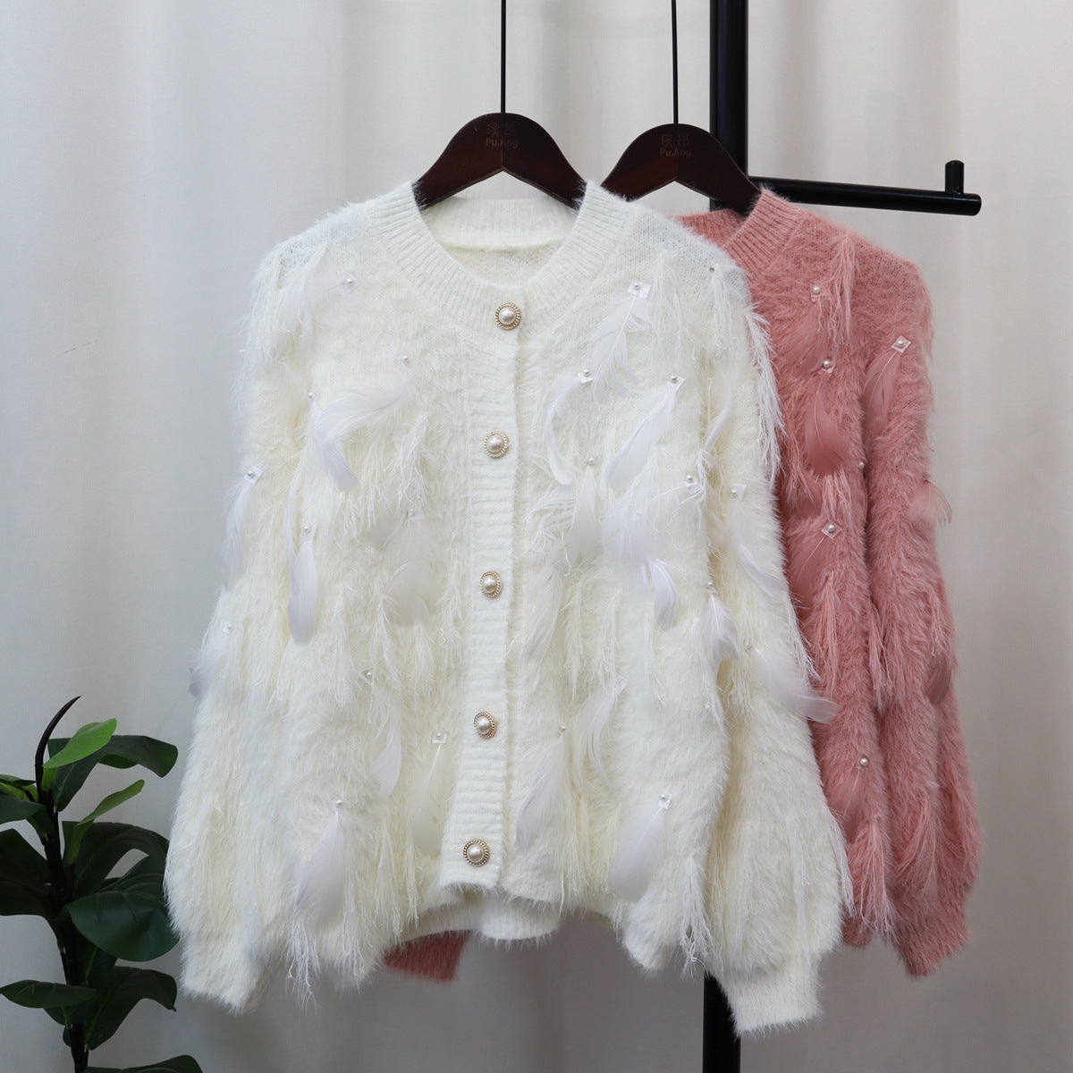 Artificial Mink Fur Gentle Design Feather Beaded Tassel Knitted Cardigan Sweater Coat