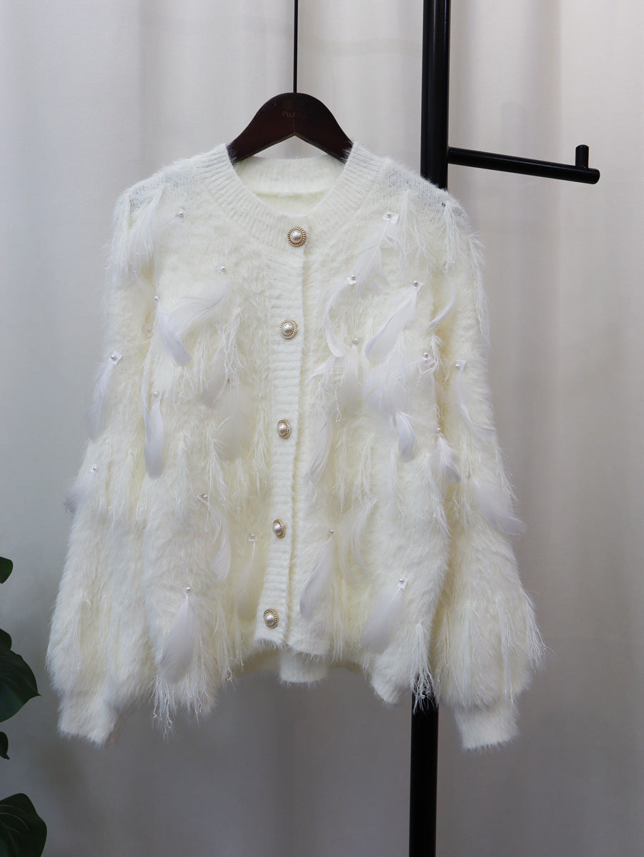 Artificial Mink Fur Gentle Design Feather Beaded Tassel Knitted Cardigan Sweater Coat