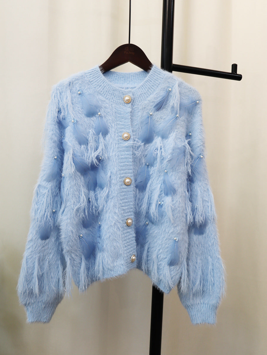 Artificial Mink Fur Gentle Design Feather Beaded Tassel Knitted Cardigan Sweater Coat