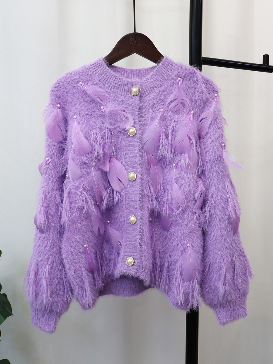 Artificial Mink Fur Gentle Design Feather Beaded Tassel Knitted Cardigan Sweater Coat