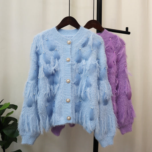 Artificial Mink Fur Gentle Design Feather Beaded Tassel Knitted Cardigan Sweater Coat