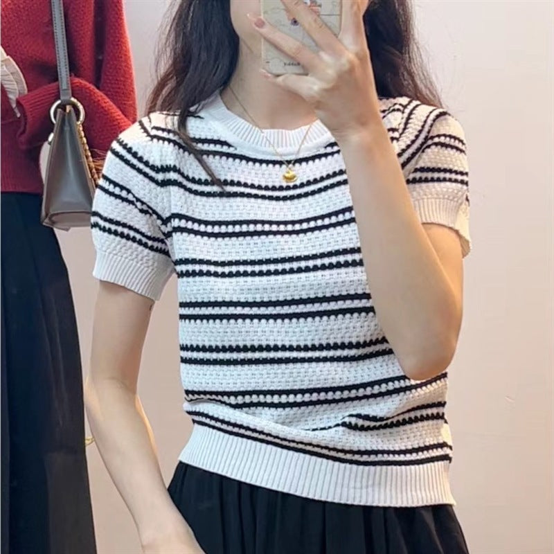 Short Sleeve Classic Style Striped Sweater Thin Design