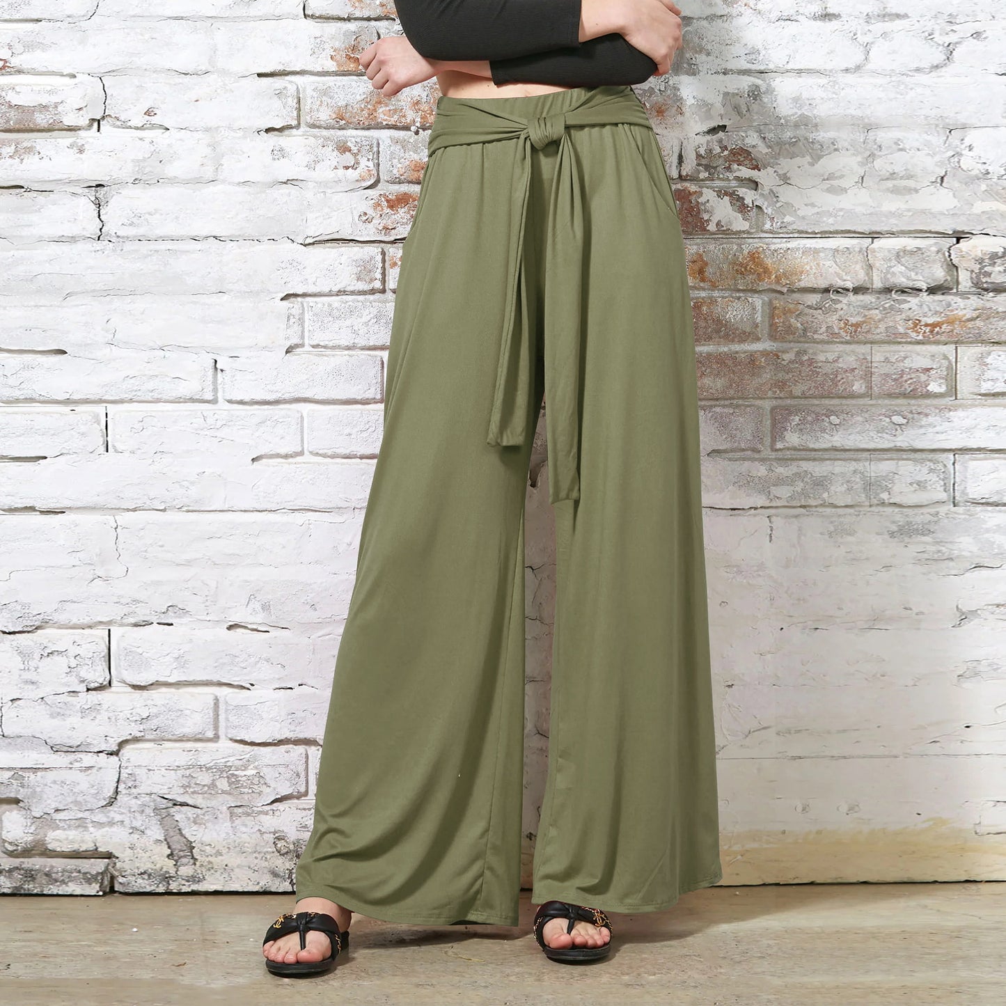 Women's Solid Color Draping Lace-up Wide-leg Pants