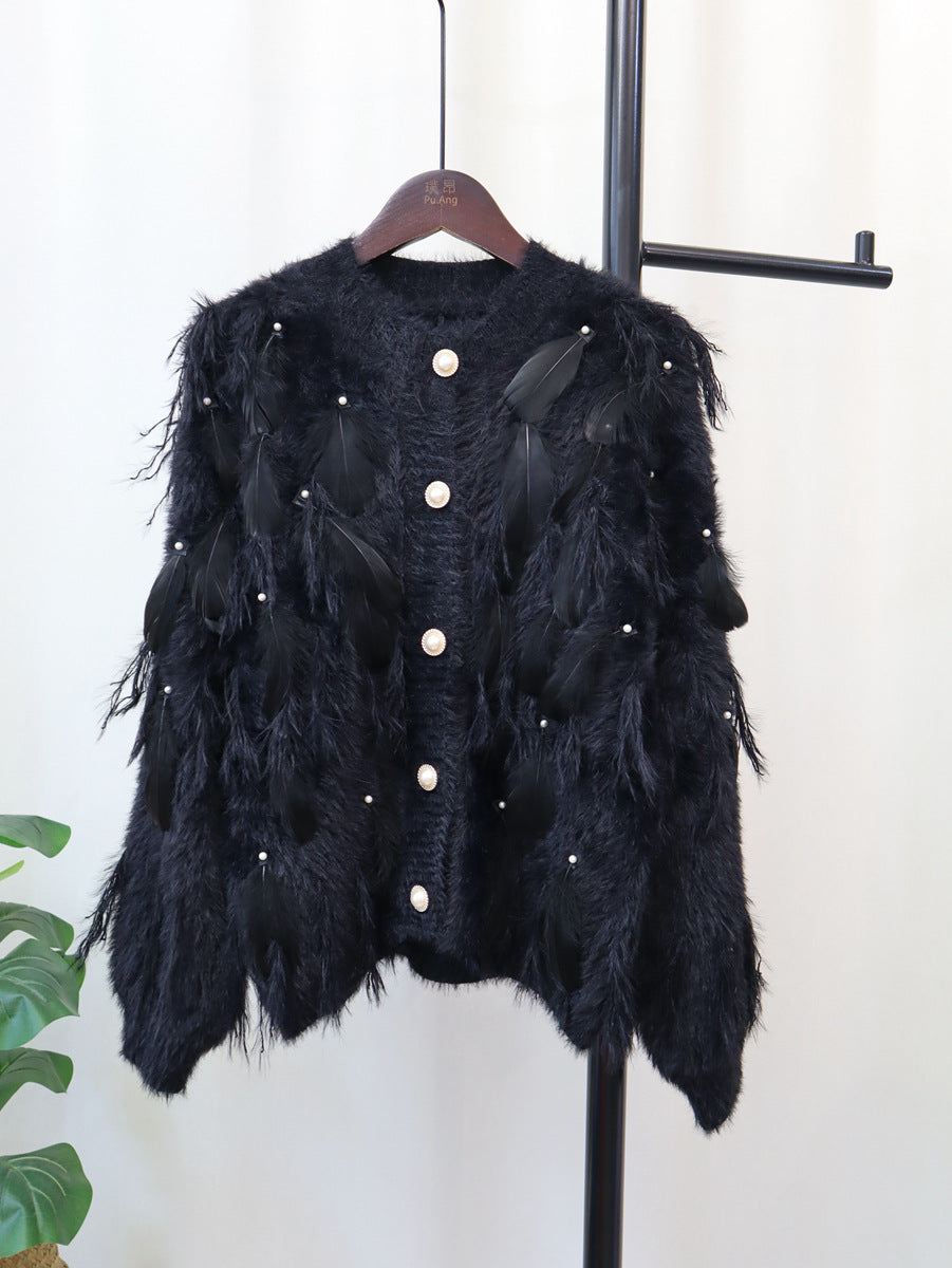 Artificial Mink Fur Gentle Design Feather Beaded Tassel Knitted Cardigan Sweater Coat