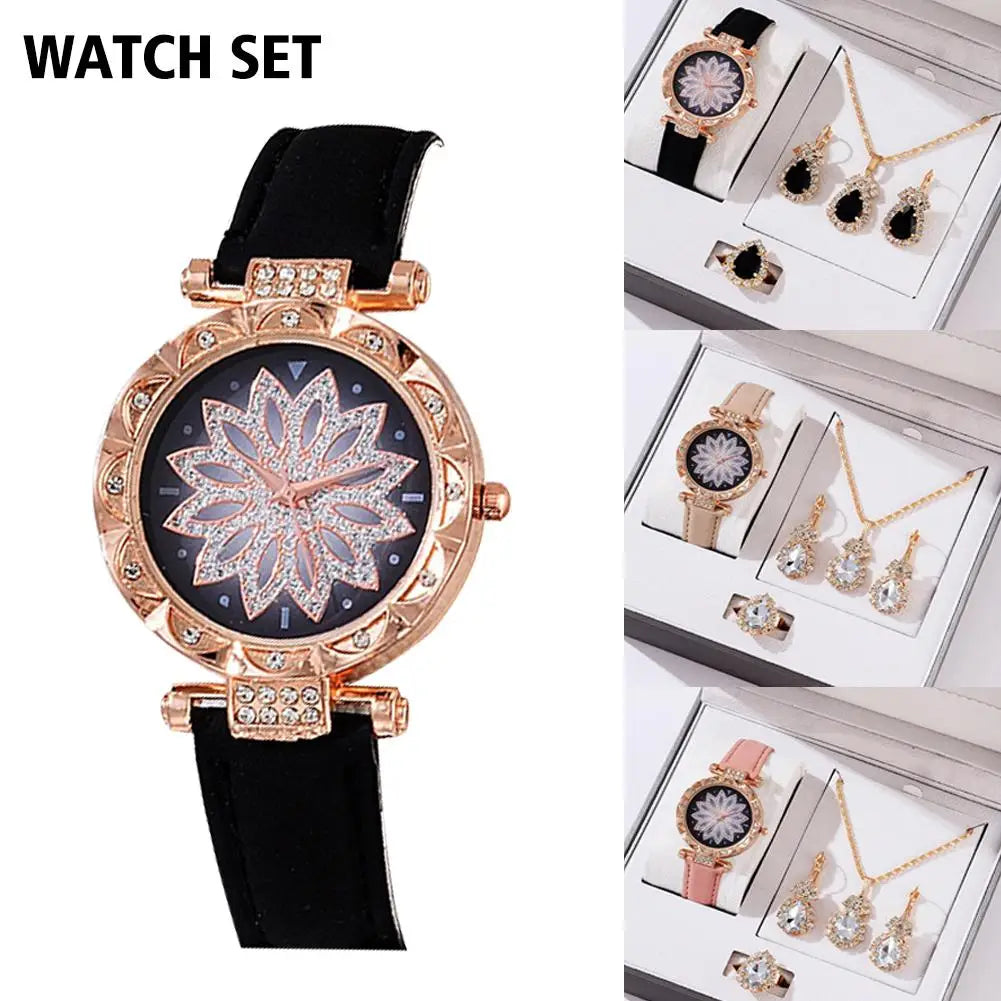 5pcs Set Watches Women Leather Band Ladies Watch Simple Casual Women's Analog WristWatch Bracelet Gift Montre Femme