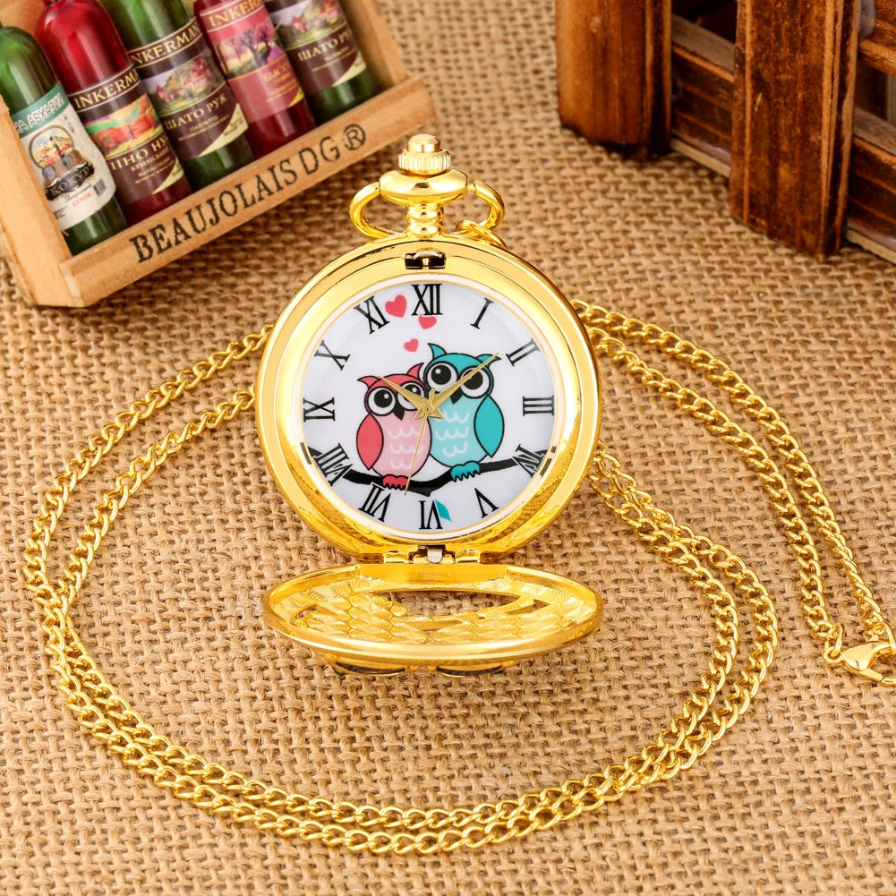 Charming Diamond-Luxury Owl Golden Handicraft Artwork Hollow Quartz Pocket Watch