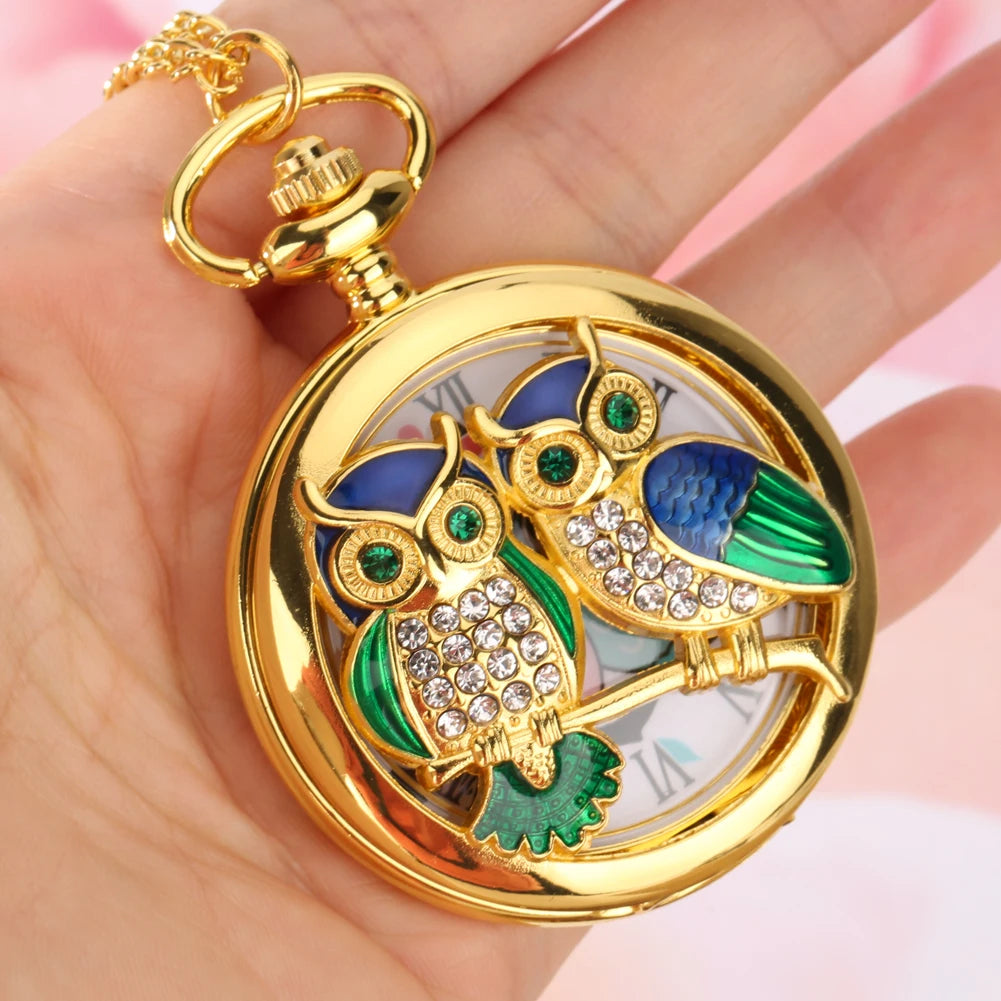 Charming Diamond-Luxury Owl Golden Handicraft Artwork Hollow Quartz Pocket Watch