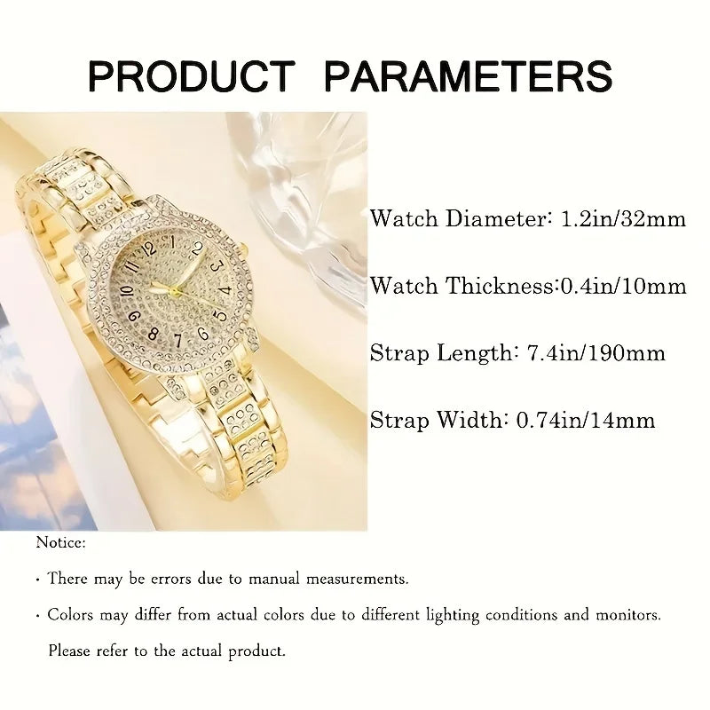 6pcs/set Glamorous Luxury Rhinestone Womens Watch with Quartz Movement