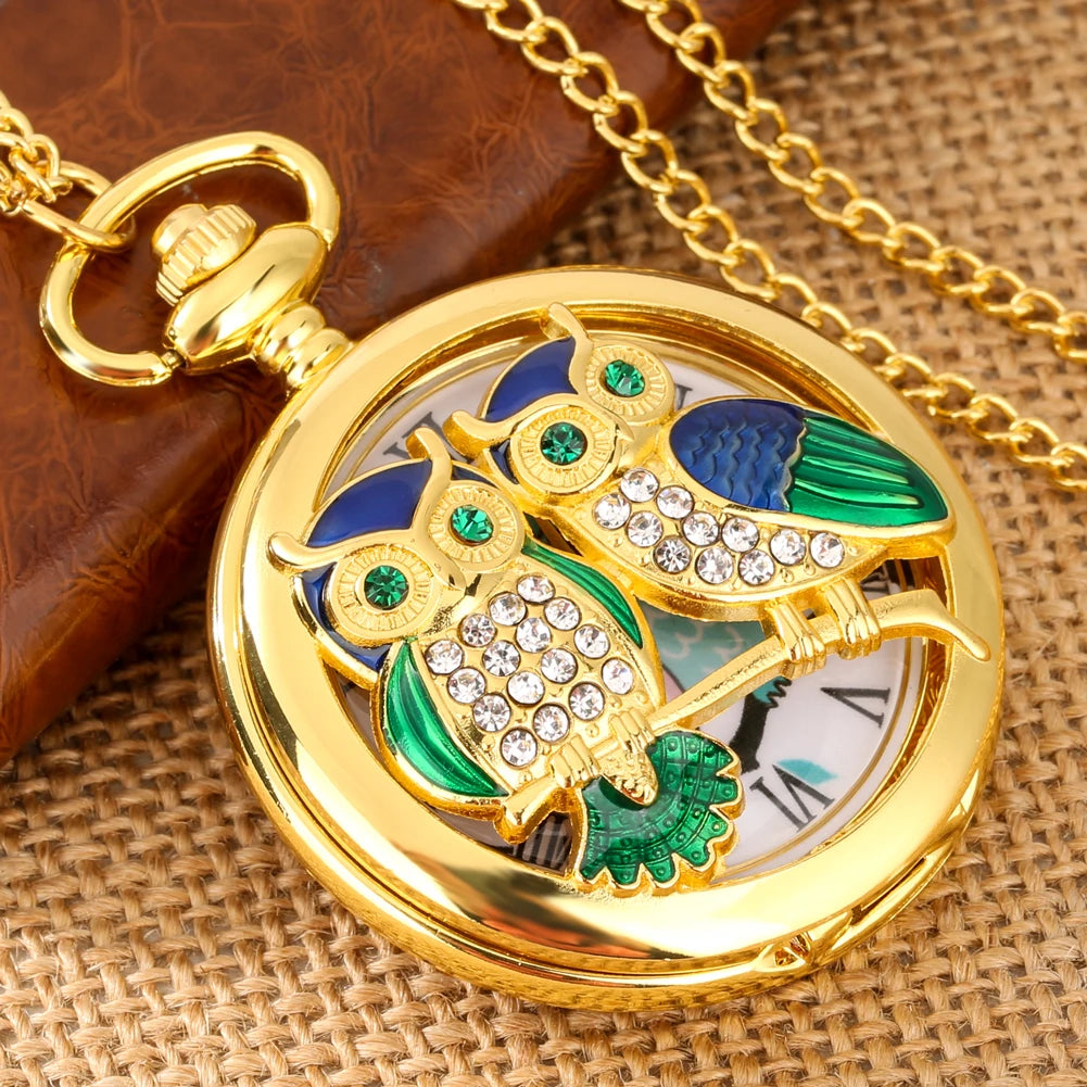 Charming Diamond-Luxury Owl Golden Handicraft Artwork Hollow Quartz Pocket Watch