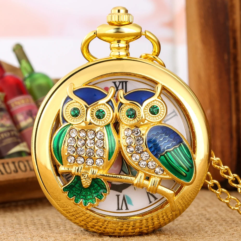 Charming Diamond-Luxury Owl Golden Handicraft Artwork Hollow Quartz Pocket Watch