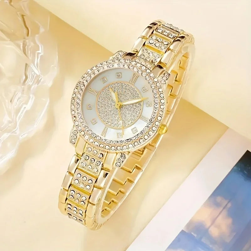 6pcs/set Glamorous Luxury Rhinestone Womens Watch with Quartz Movement