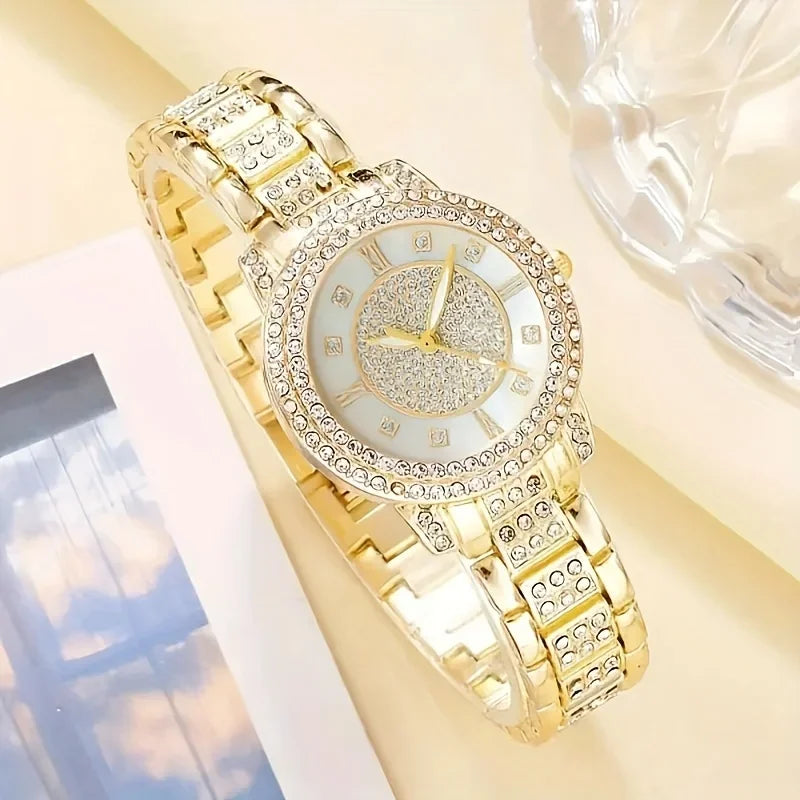 6pcs/set Glamorous Luxury Rhinestone Womens Watch with Quartz Movement