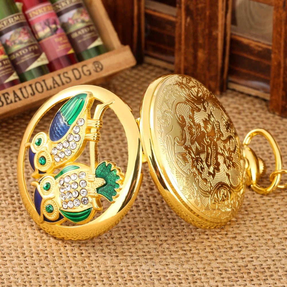 Charming Diamond-Luxury Owl Golden Handicraft Artwork Hollow Quartz Pocket Watch