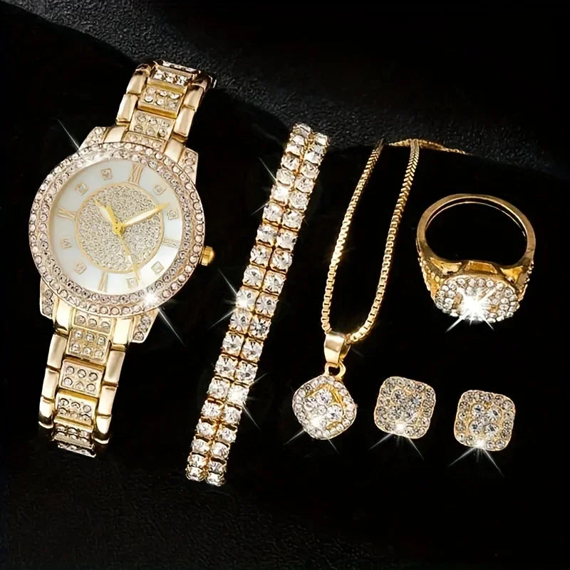 6pcs/set Glamorous Luxury Rhinestone Womens Watch with Quartz Movement