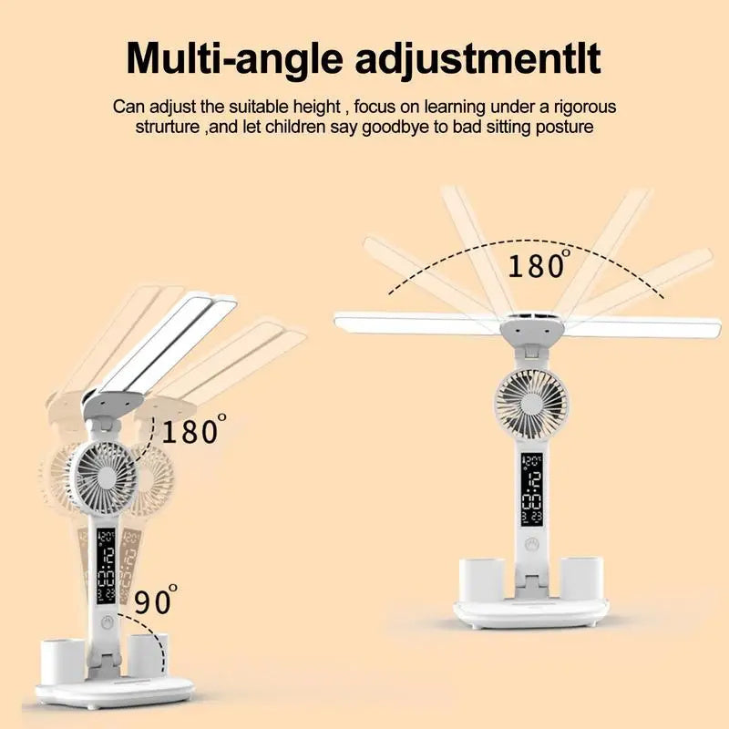 Foldable LED Table Light With Thermometer Calendar Fan Pen Holder Study Reading Fan Light