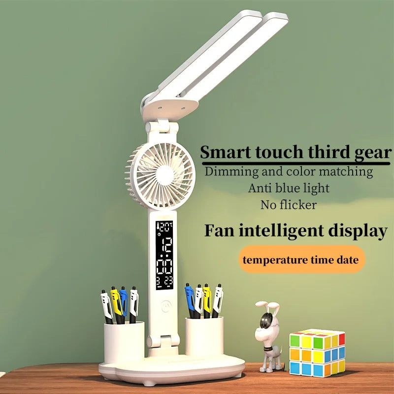 Foldable LED Table Light With Thermometer Calendar Fan Pen Holder Study Reading Fan Light